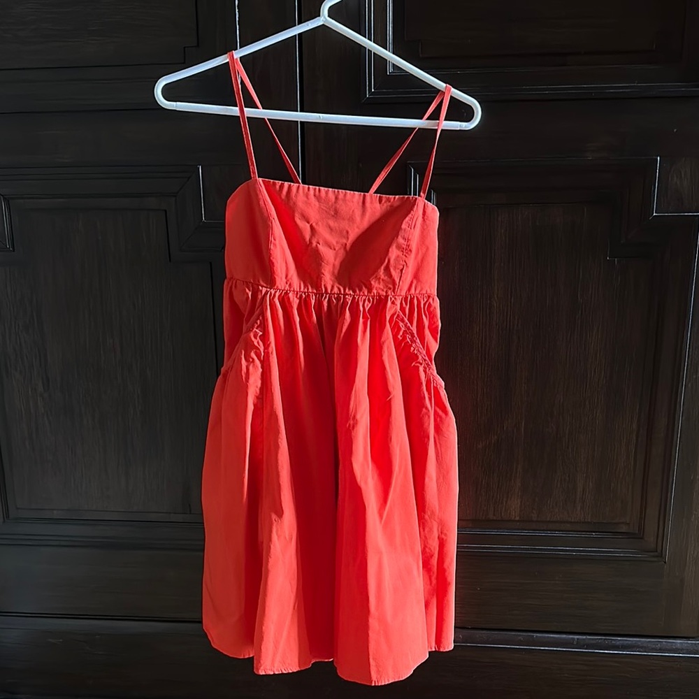 Dark Orange-Red Apron Sundress w/Spaghetti Straps, Open Tie Back, & Side Pockets